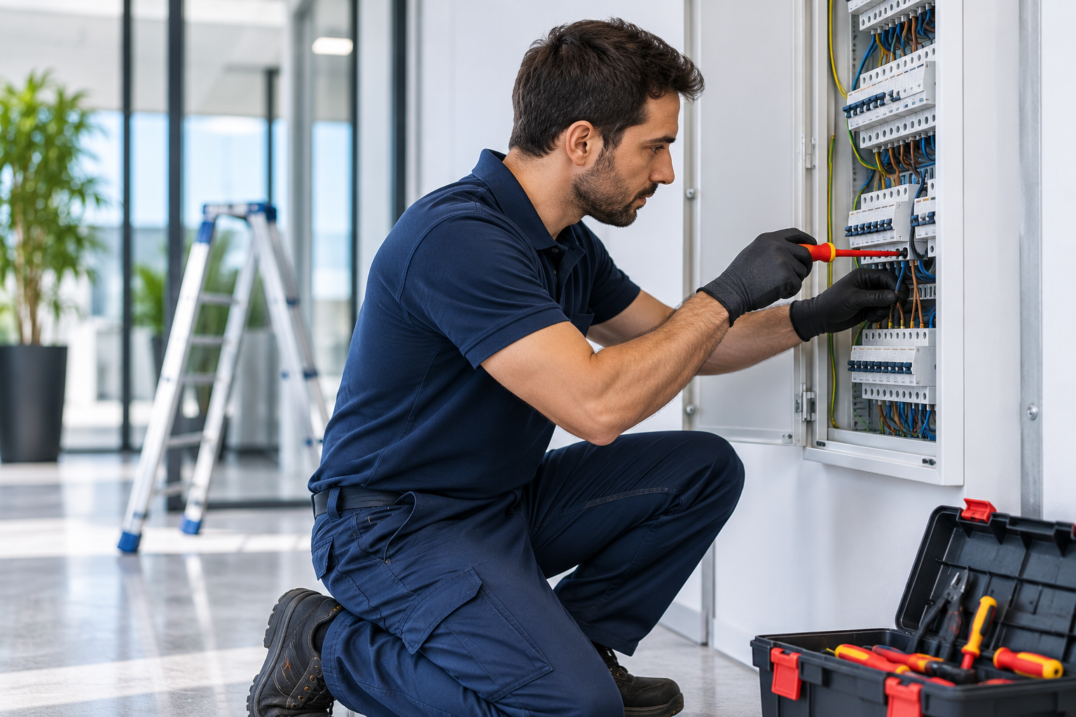 Profesional realizando una intervención de mantenimiento eléctrico en una instalación moderna (imagen ilustrativa, no representa un empleado, cliente o servicio real de McLanda)
