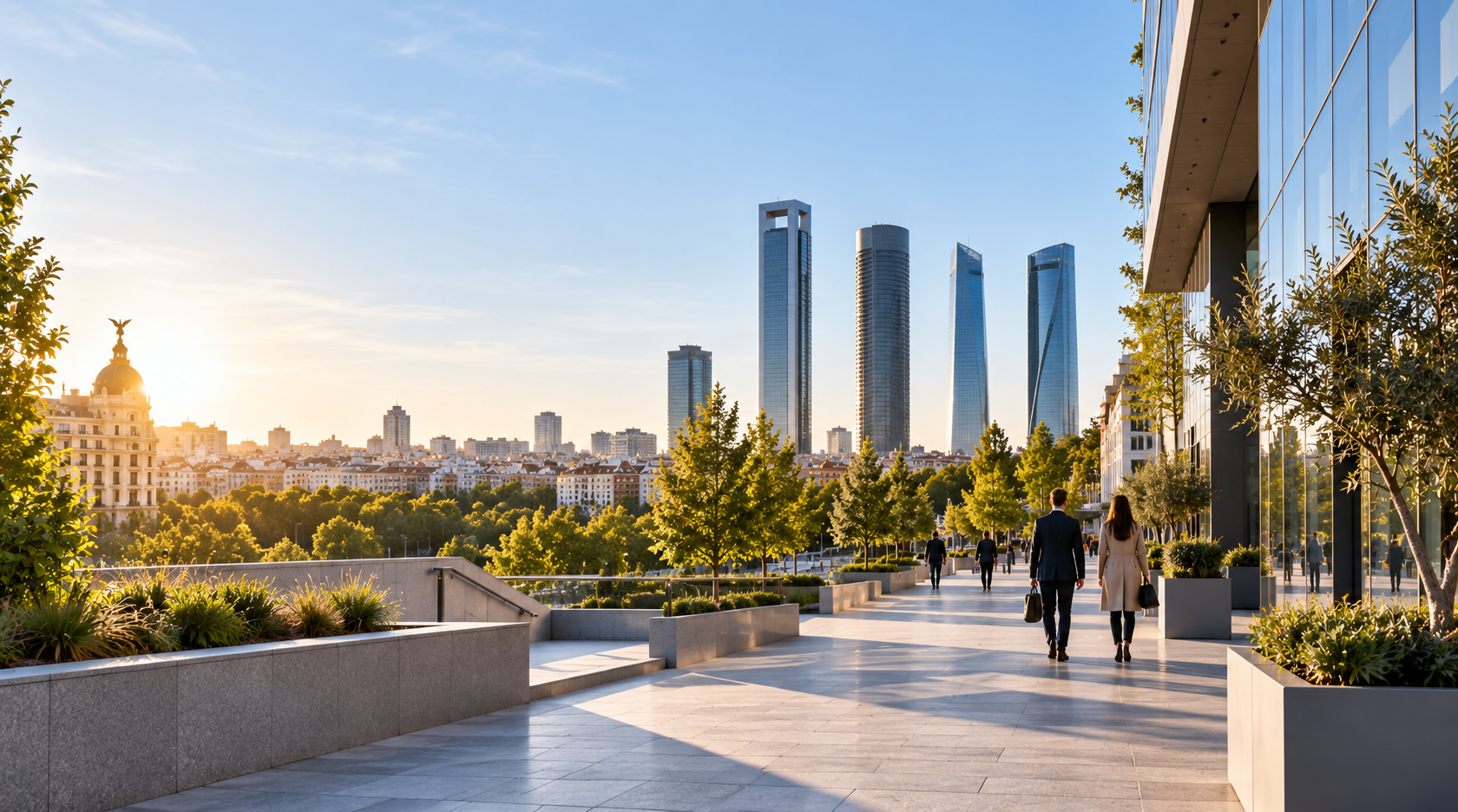 Vista de una zona urbana contemporánea de Madrid, con personas caminando (imagen ilustrativa, no representa una oficina, sede o instalación de McLanda)