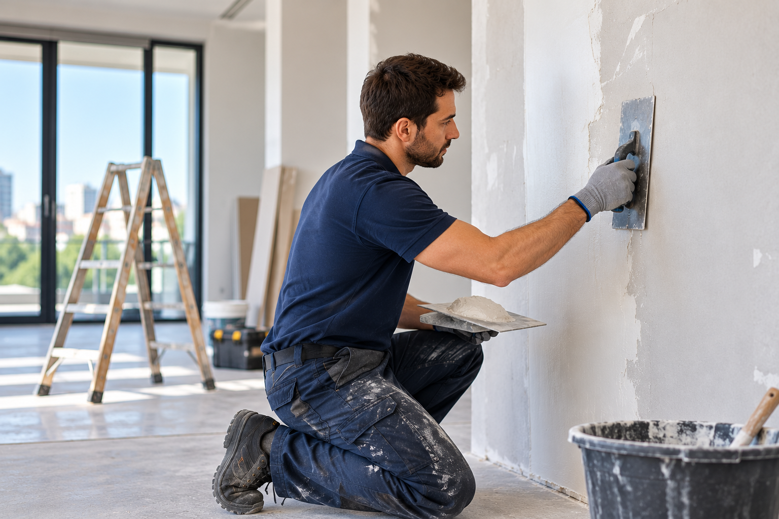 Profesional aplicando acabado en una pared durante una reforma de interior (imagen ilustrativa, no representa un proyecto, instalación o cliente real de McLanda)