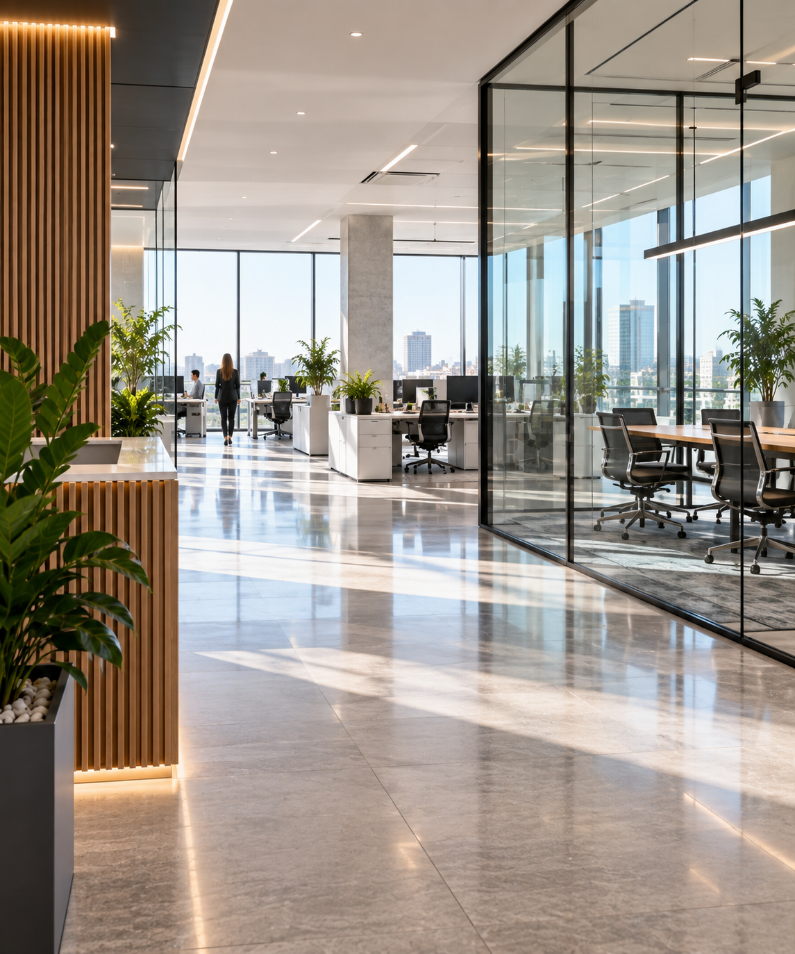 Espacio de oficina moderno y luminoso con puestos de trabajo y sala de reuniones (imagen ilustrativa, no representa una instalación real de McLanda)
