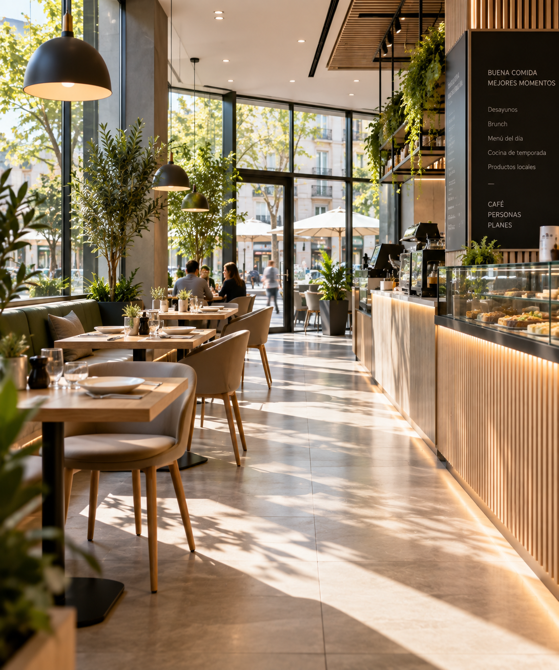 Interior de una cafetería o restaurante moderno con mesas y zona de barra (imagen ilustrativa, no representa una instalación real de McLanda)